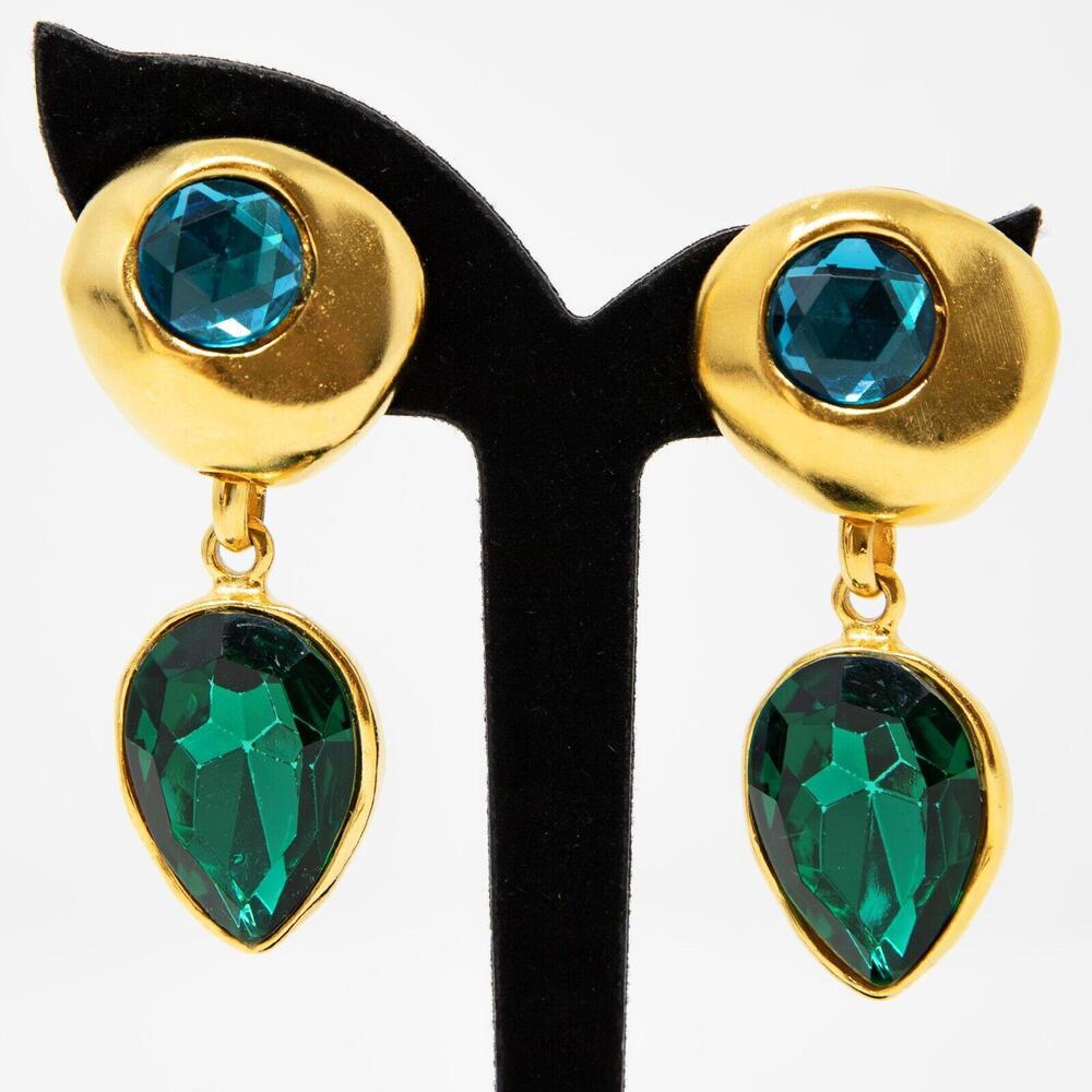 Vintage Ben-Amun Gold Tone Metal Blue Green Faceted Stone Clip On Earrings 2“